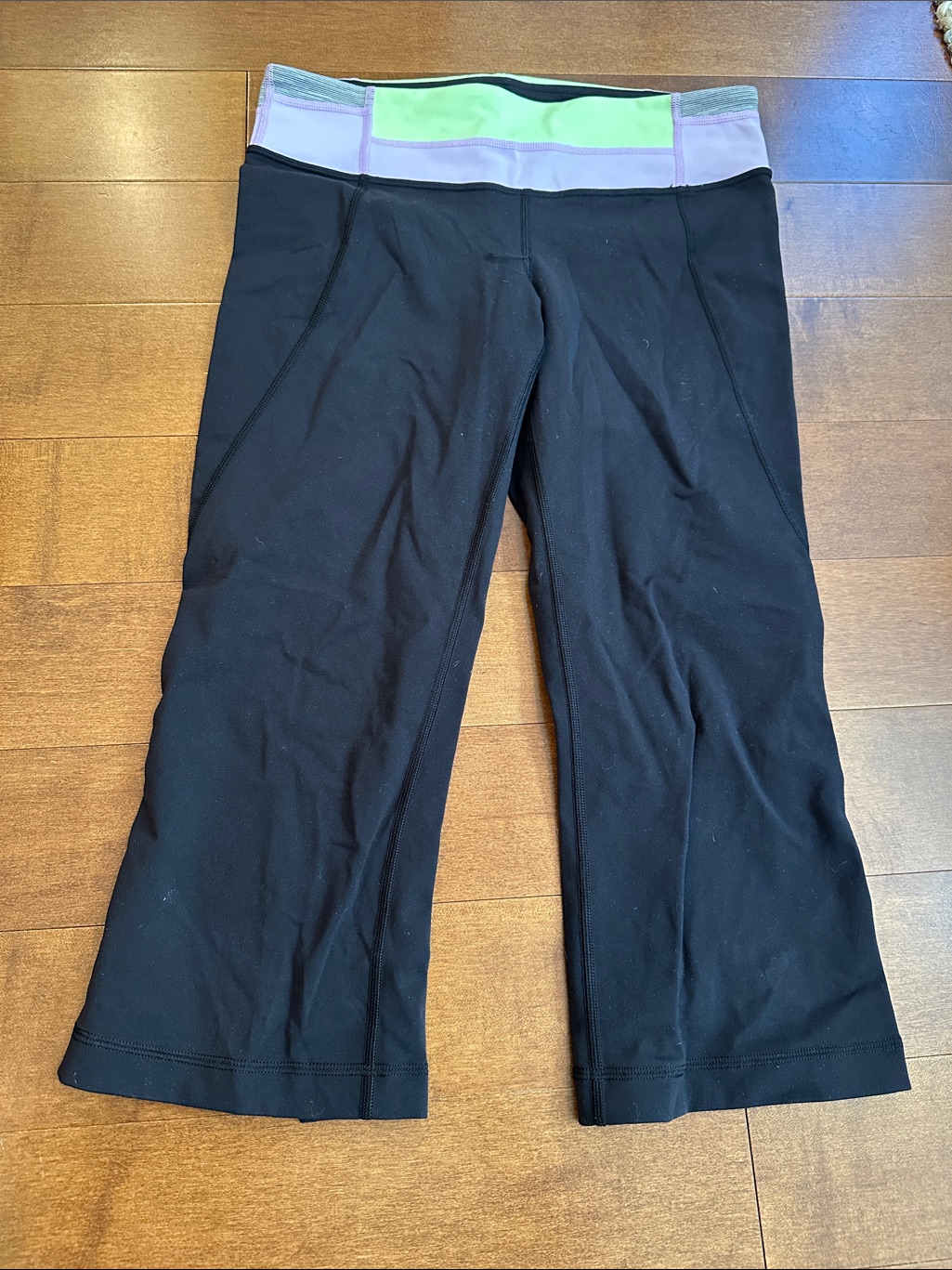 Lululemon Athletica Black Capri Leggings With Lavender And Lime Waistband